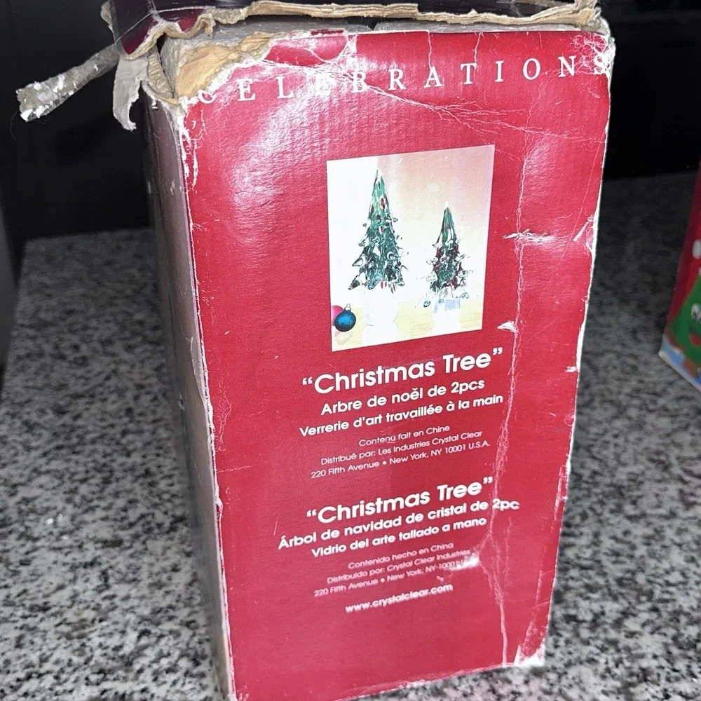 Vintage Red Green Art Glass Christmas Tree Sculpture Heavy 12 in And 8 in TWO